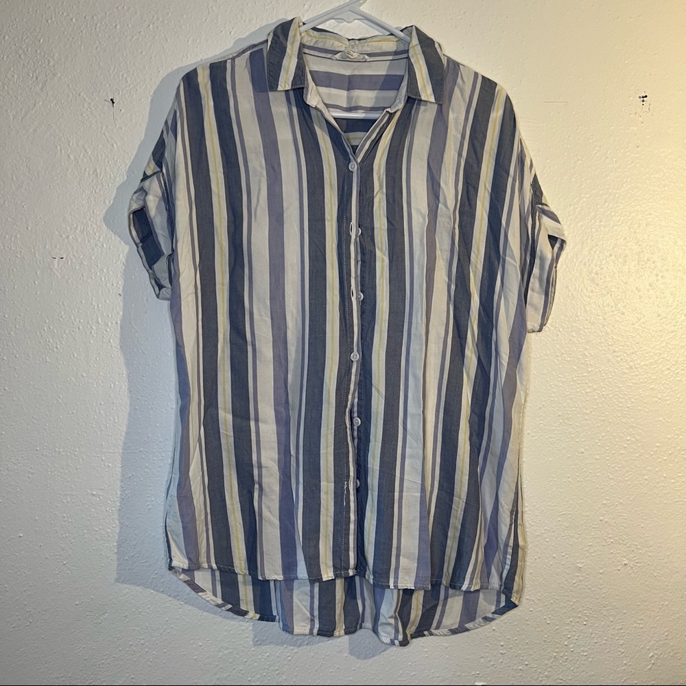 Blue, yellow, and white striped button up